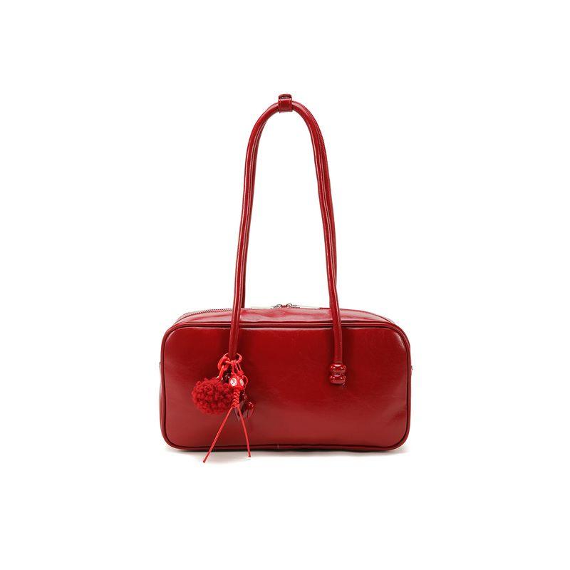 

Red Bridal Wedding Bag Women 2025 New Large Capacity Boston Bowling Bag Commuter Shoulder Underarm Bag Red(Send silk scarf + gift bag)