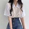 2024 Women's Summer Polo Lapel Two-Piece College Style Contrast Short-Sleeve Loose Casual Top