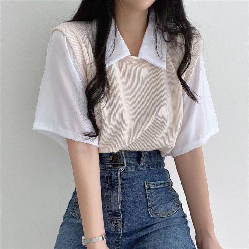 2024 Women's Summer Polo Lapel Two-Piece College Style Contrast Short-Sleeve Loose Casual Top