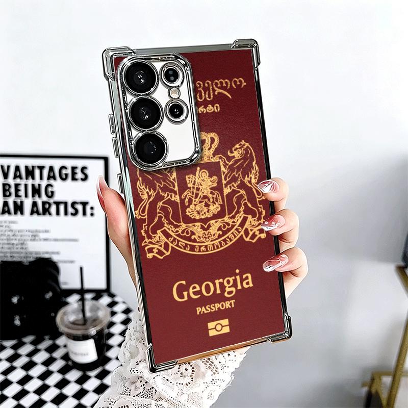 Georgia Passport Flag Plating Phone Case For Samsung Galaxy S24 S25 FE S26 Edge S23 Ultra S22 S21 Plus S20 Anti-Fall Airabag Cov