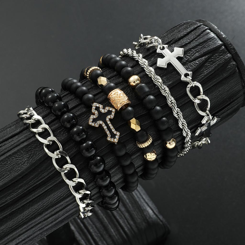 7pcs Stainless Steel Bracelet Set For Men Women Punk Fashion Cross Beads Chain Bracelets Simple Hip Hop Unisex Jewelry Gifts