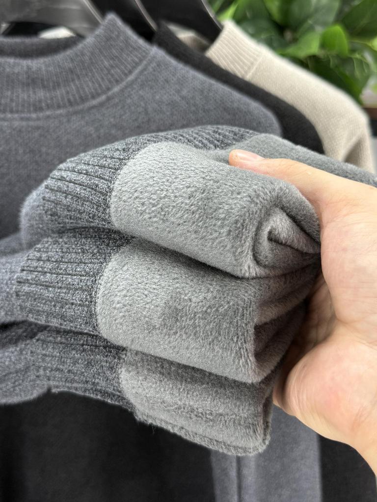 2025 Winter Men's High-End Semi-High Neck Chenille Velvet Sweater: Thickened, Warm Knit Base Layer