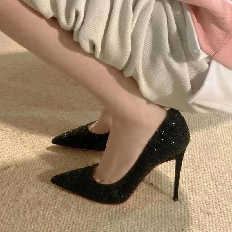 Black High-heeled Shoes Women's Fine-tipped 2026 Spring-autumn New-style Sequins Crystal Wedding Shoes Pointed-toe Sexy Shoe