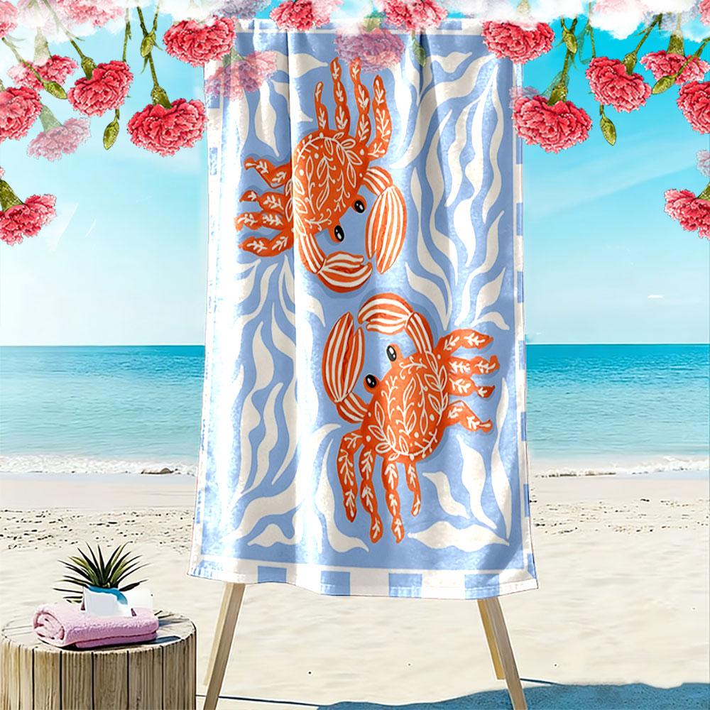 Playful crabs dancing waves Print beach towel, quick drying, suitable for travel, outdoor sports, jogging, the beach and swimming, gift