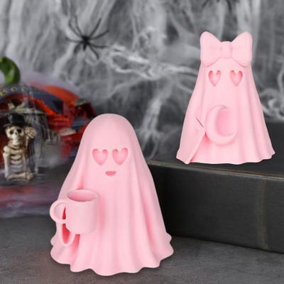 Halloween Geisterfigur Niedlicher Rosa Geist mit Mond Statue Harz Geisterskulptur Tischornament für Indoor Heimdeko