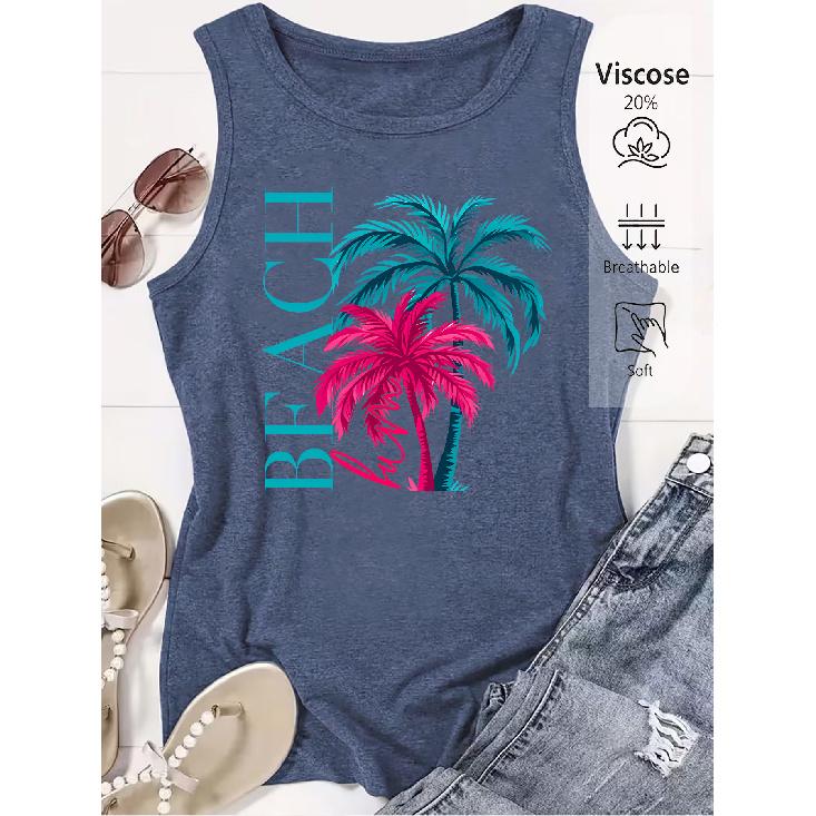 Colorful Palm Tree Print Loose Women Beach Sleeveless Tank Top