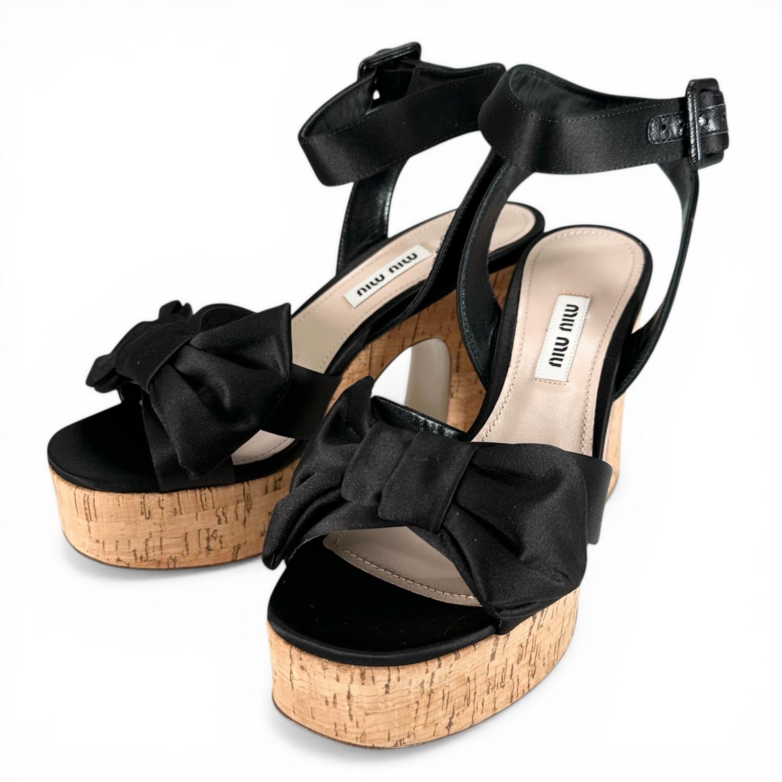 Excellent MIUMIU Sandals Ribbon design, cork sole, ankle strap black Women 35.5 Used