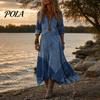 Boho Style Dress Denim Print Maxi for Women, Casual Long Sleeve V A-line Neck Dress, Summer Loose Flowy Vacation Women