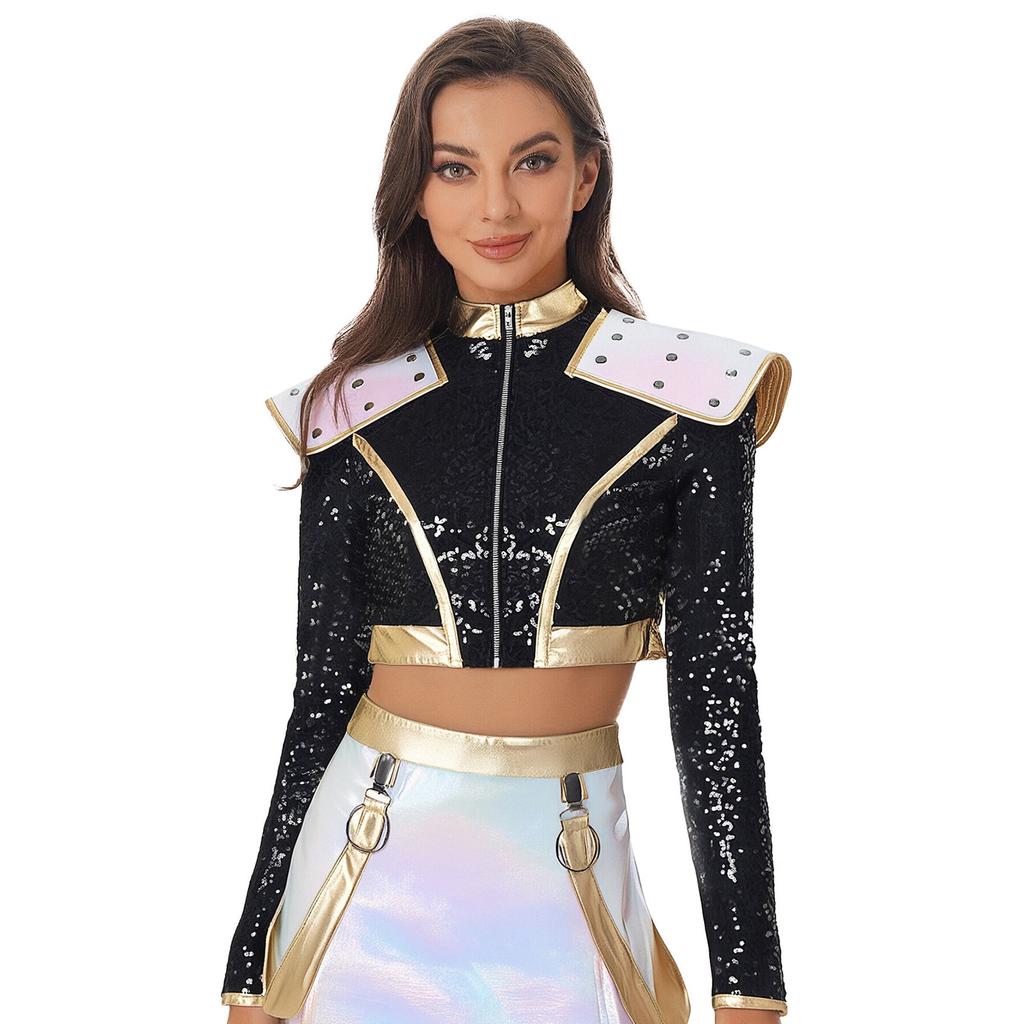 S-4XL Womens Singer Dance Cosplay Costume Long Sleeve Shoulder Epaulet Front Zipper Metallic Patchwork Sequin Crop Top Jacket