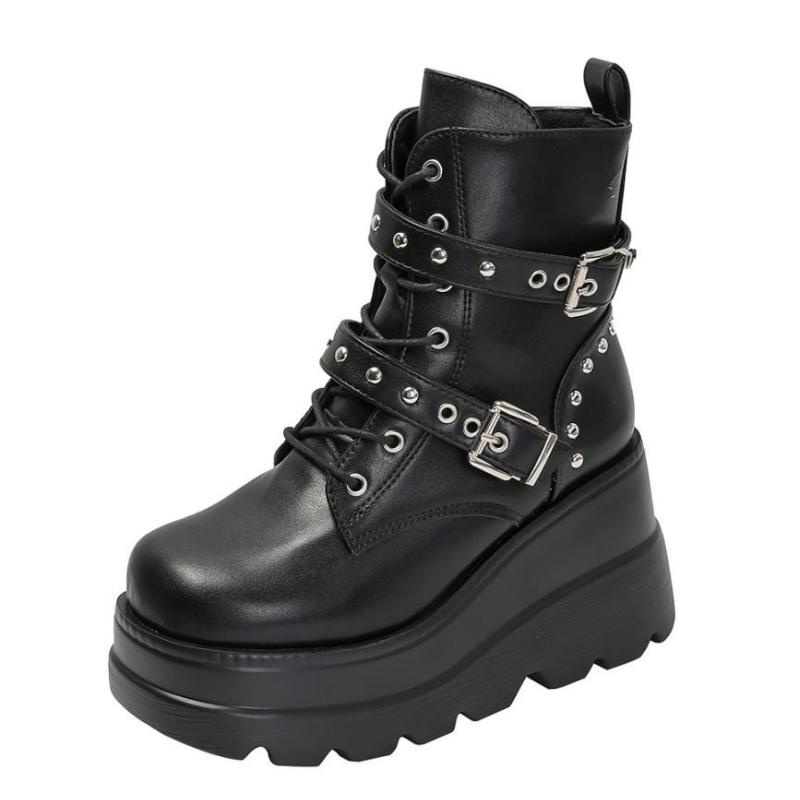 Fashion 2025 New Women's Pu Leather Ankle Boots Women Autumn Winter Round Toe Lace Up Shoes Woman Motorcycle Platform Botas Gothic Shoes