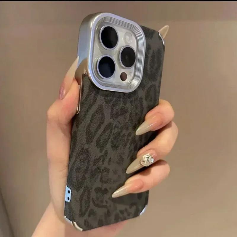Luxury Soft Silicone Leather Leopard Print Phone Case For iPhone 11 12 13 14 15 16 Pro Max 16 Plus Shockproof Bumper Cover