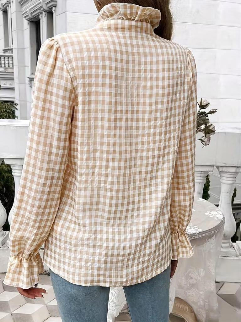 2026 Spring/Summer Women's Elegant Ruffle Plaid Long Sleeve Shirt