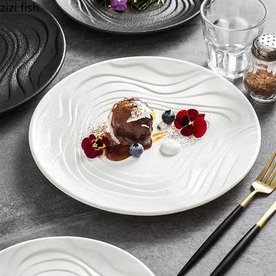 Piatto piano in ceramica a tinta unita con effetto onda d'acqua Piatto da cena Ristorante Piatto per insalata Piatto da dessert Piatto per pasta Stoviglie speciali per cucina molecolare