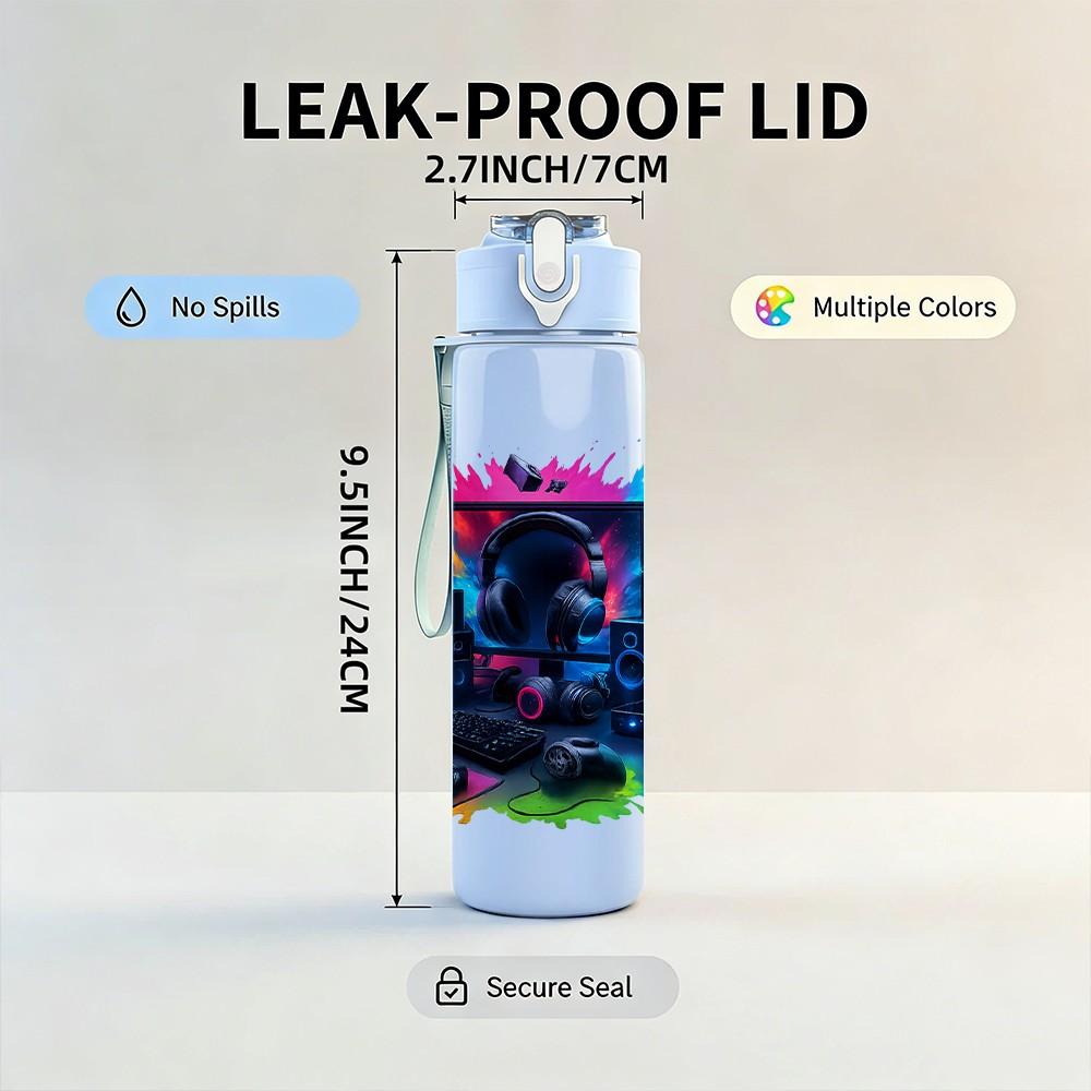 1PC Colorful PC Gaming Setup Art 750ml Color Plastic Sports Water Bottle Leakproof Flip Straw Lid Suitable for Sports Office Home Use