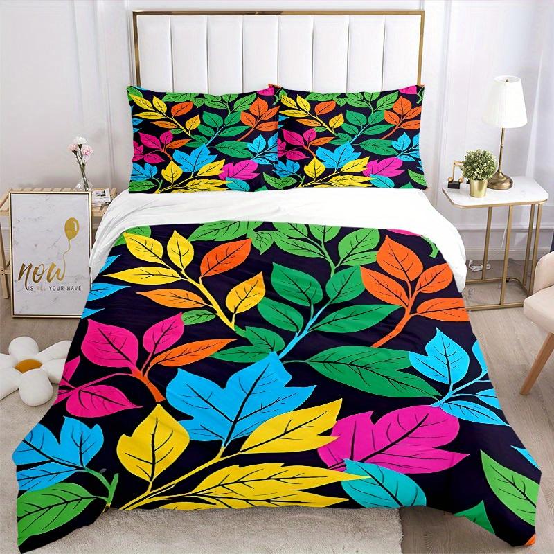 3Pcs Colorful Leaves Pattern Printed Bedding Set, Breathable And Soft,(Includes 1 Duvet Cover And 2 Pillowcases, Quilt Not Included) yy250815203