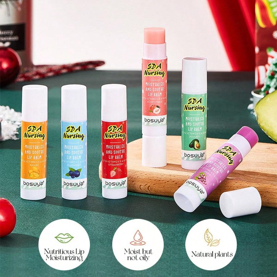6pcs Fruit Flavored Lip Balm Holiday Gift Box Deep Moisturize Lips Say Goodbye To Dryness Suitable For All Skin Types