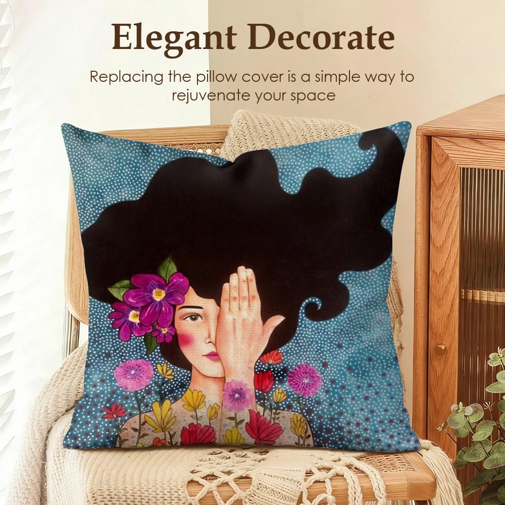 Abstract Girl Hair Flower Cushion Cover Natural Linen Organic Fabric DoubleSided Printing Sofa Home Decor Gift Pillow Case