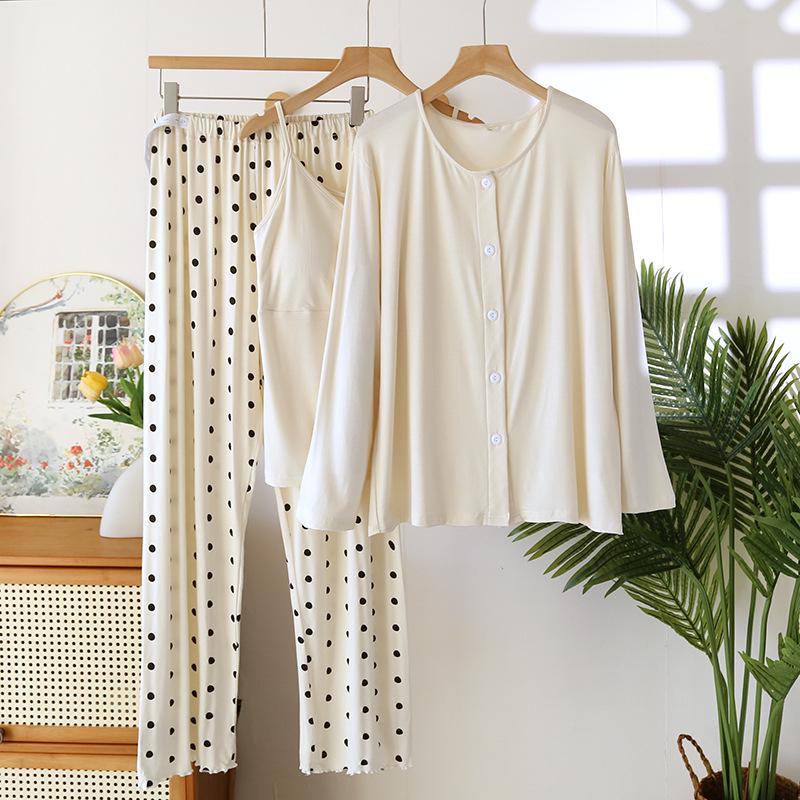 Postpartum Spring/Summer Modal Three-Piece Set: Long Sleeve & Pants for Breastfeeding