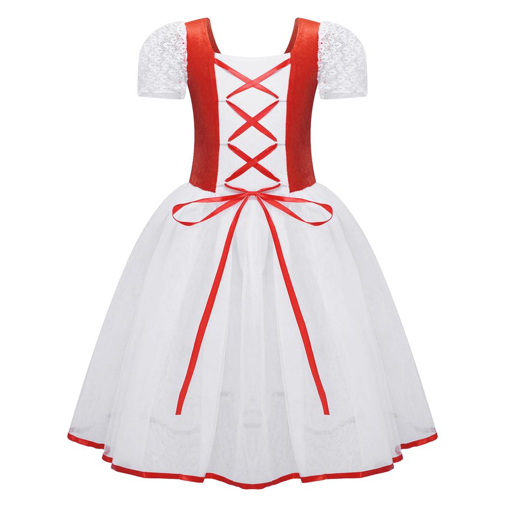 Kids Velvet Mesh Ballet Leotard Lacework Bubble Sleeve Tutu Dance Gymnastics Dress