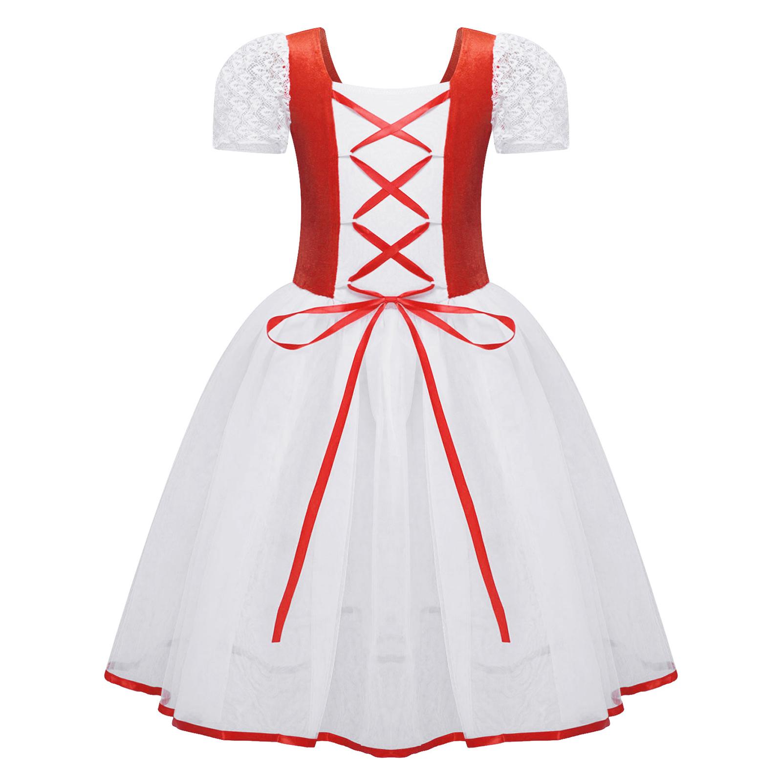 

Kids Velvet Mesh Ballet Leotard Lacework Bubble Sleeve Tutu Dance Gymnastics Dress 9-10 Years червоний