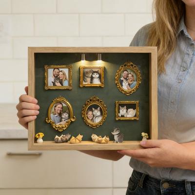 Yousheng DIY Mini Museum Silhouette Box with Light Family Memory Photo Display Case Kit with 6 Gold Mini Frames 4 Miniature Cats 2 Potted Plants for