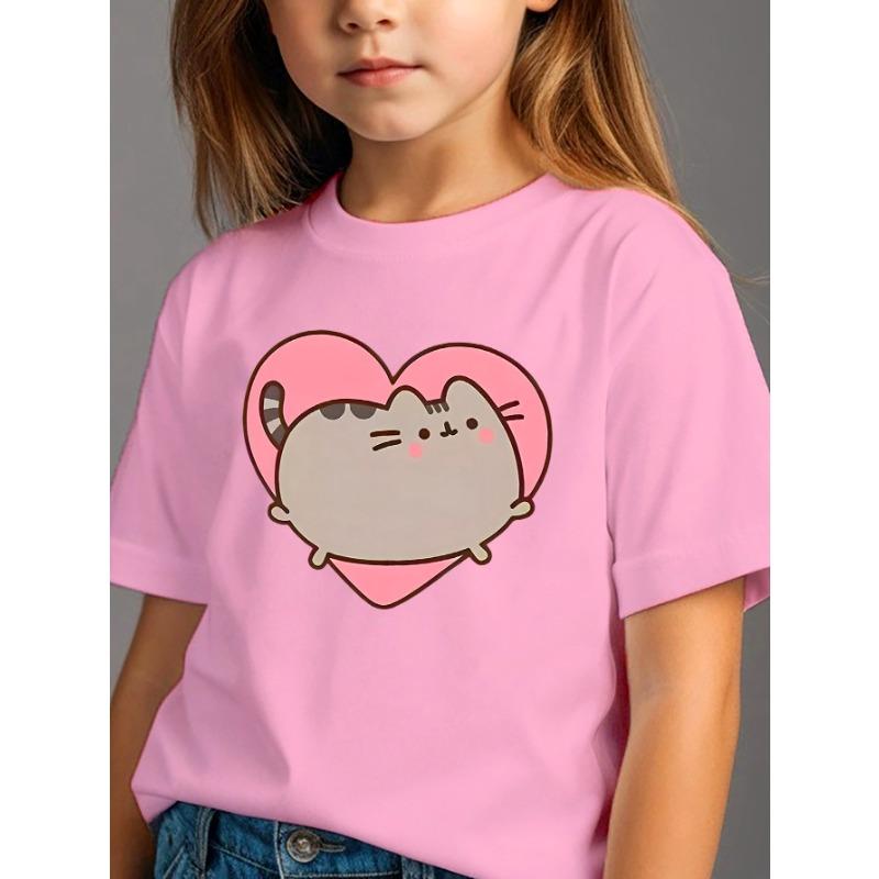 

Cute Cat Heart-shaped Printed Children s Pure Cotton T-shirt Fun Printed T-shirt Soft and Breathable Round Neck T-shirt 160 розовый