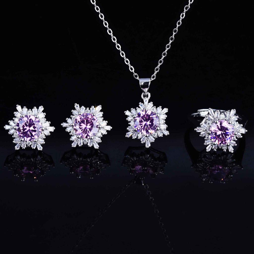 Creative Sunflower & Snowflake Jewelry Set: Zircon Pendant, Stud Earrings, Ring with Colored Gems for Women