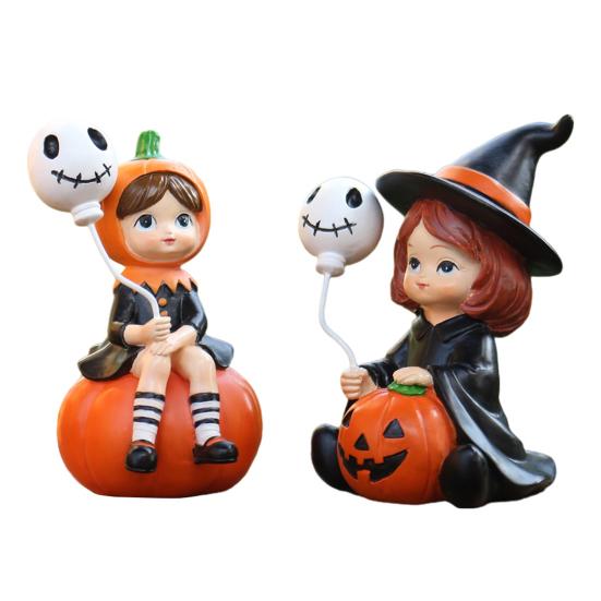 2Pcs Pumpkin Witch Figurines Witch Holding Skull Balloon Ornament Cartoon Witch Statues for Halloween Miniature Scene Props