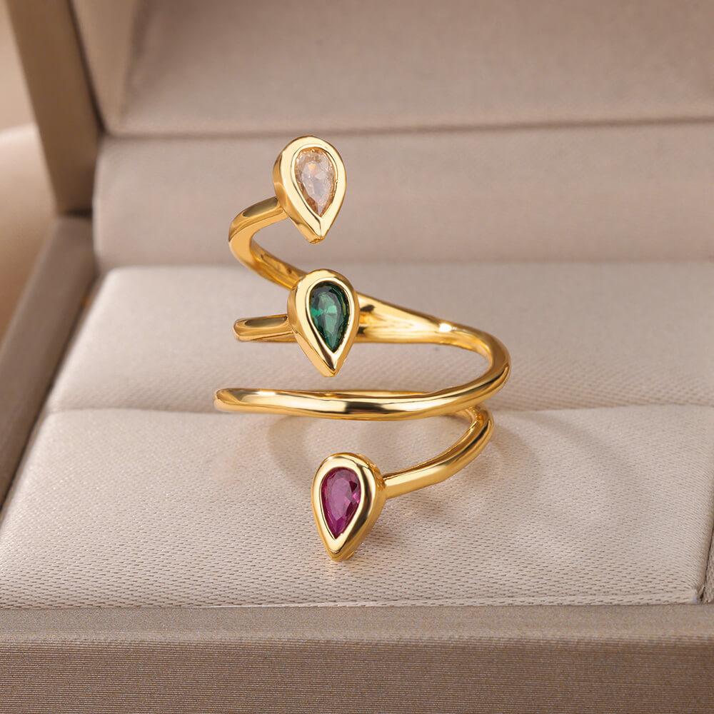 

Cute Female Rainbow Zircon Stone Gold Color Water Drop Wedding Rings Promise Open Adjustable Engagement Jewelry For Women resizable