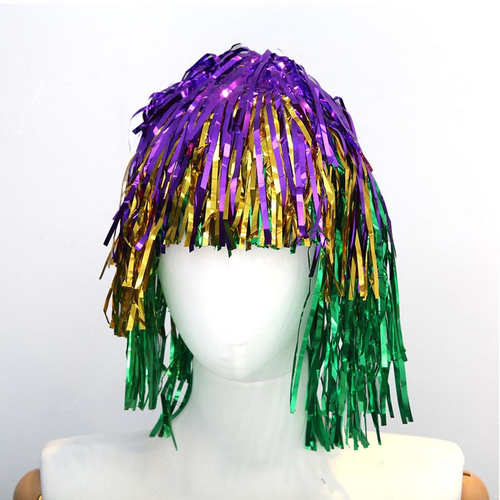 Women’s Purple-Gold-Green Tinsel Wig – Shiny Costume Hair for Carnival, Cosplay & Photo Booth Parties