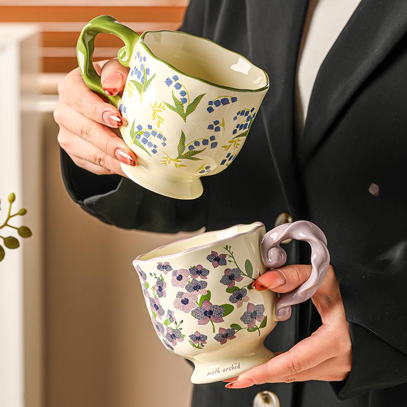 High looking Flowery and High Footed Ceramic Cup for Household Drinking Cup Pastoral Retro Couple Water Cup Office Coffee Cup