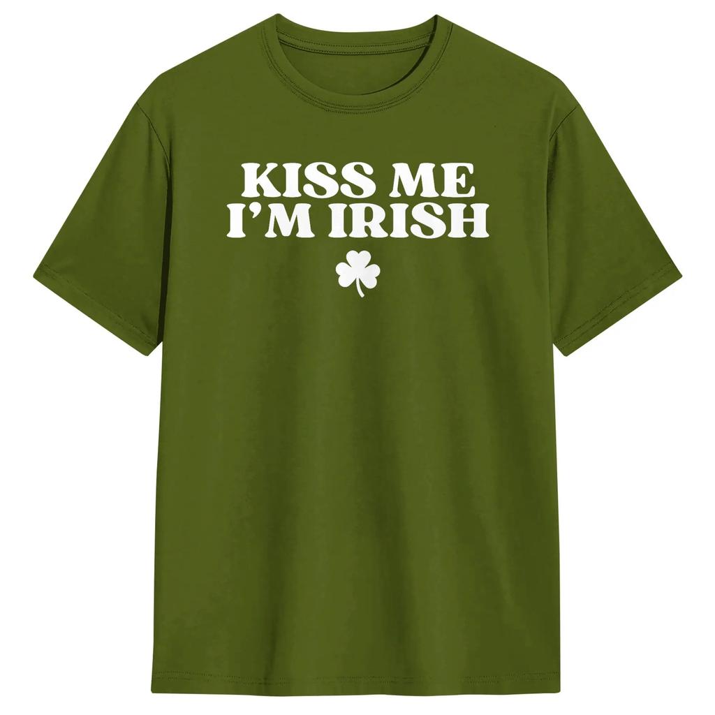Vintage Kiss Me I'm Irish Funny St Patricks Day T-Shirts Men Round Collar Cotton T Shirts  Short Sleeve Tees Gift Idea Tops