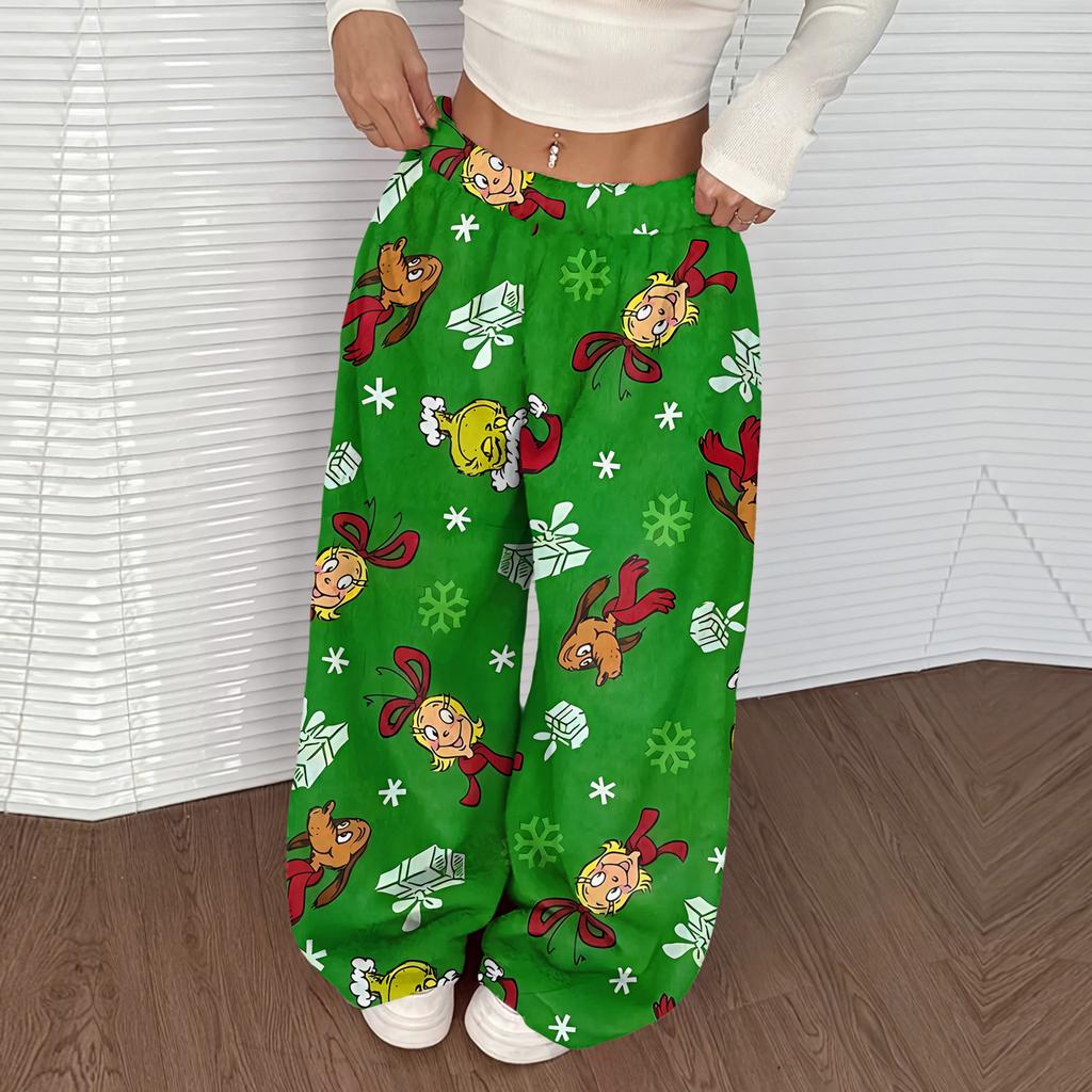 Women's Casual Christmas Print Elastic Waist Loose Fit With Plush Wide Leg Pants