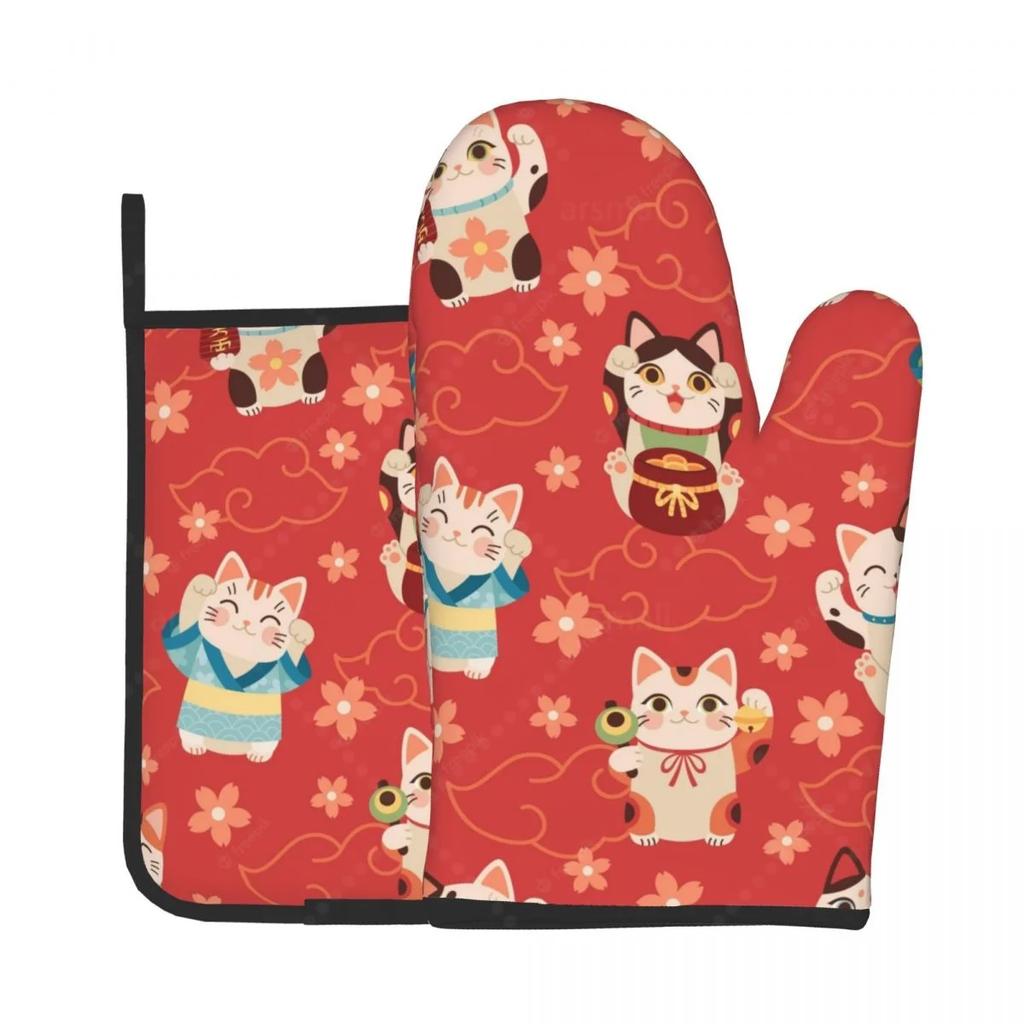Japanese Money Cat Heat Resistant Oven Mitts and Pot Holders Sets Oven Gloves for BBQ Cooking Baking Grilling