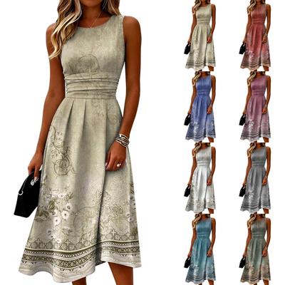 Sleeveless Casual Midi Dress for Women Round Neck A-Line Fit Floral Print Relaxed Summer Dress with Waistband
