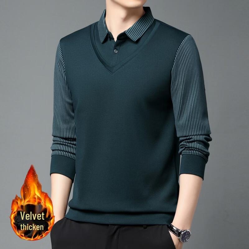 Yalu Men's Faux Two-Piece Fleece-Lined Shirt-Collar Sweater