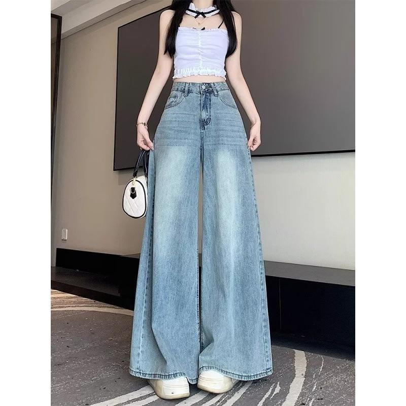 Autumn and Winter Thin Light Blue Wide-leg Jeans Women's Large Size High Waist Thin Drape Loose Straight Mopping Trousers