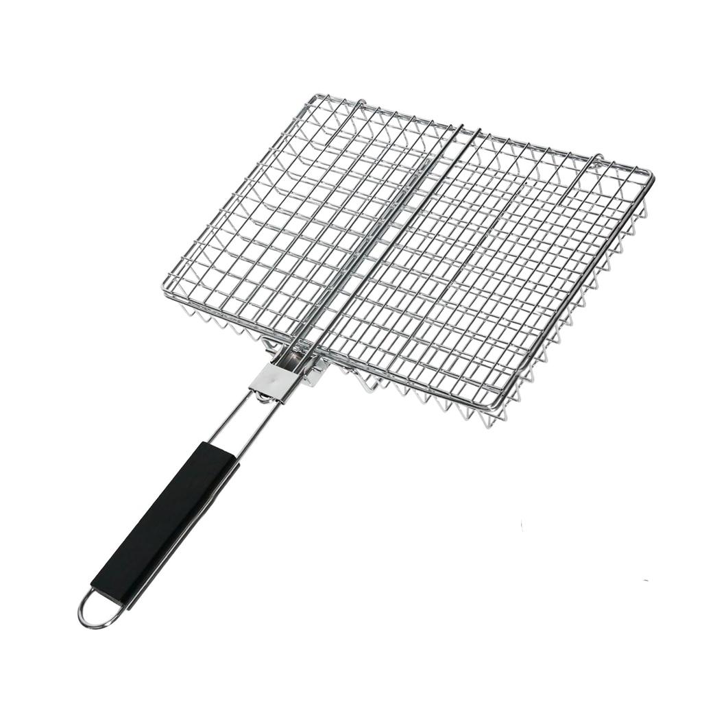 Grill Basket, Folding Carbon Steel Grill Outdoor BBQ Basket with Wood Handle, Outdoor Camping BBQ Rack for Fish, Vegetable