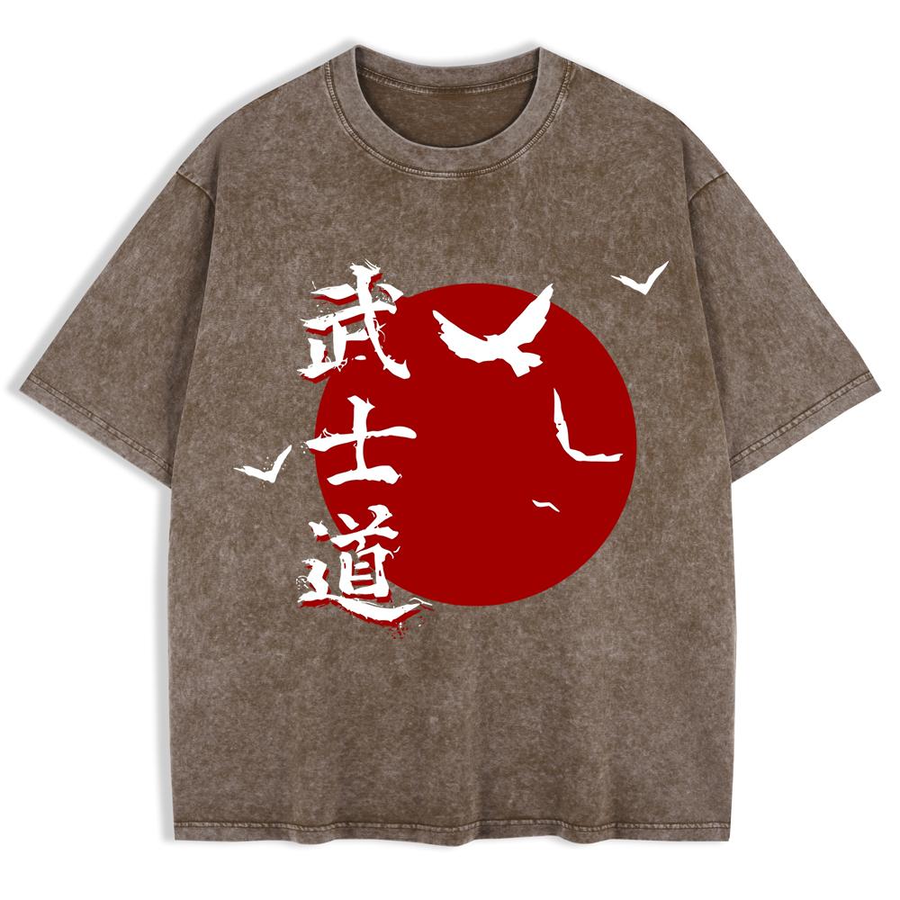 Japan Bushido Harajuku Printed Washed T-Shirts Mens Cotton Short Sleeve Tops Street O-Neck Oversize T Shirts Clothes