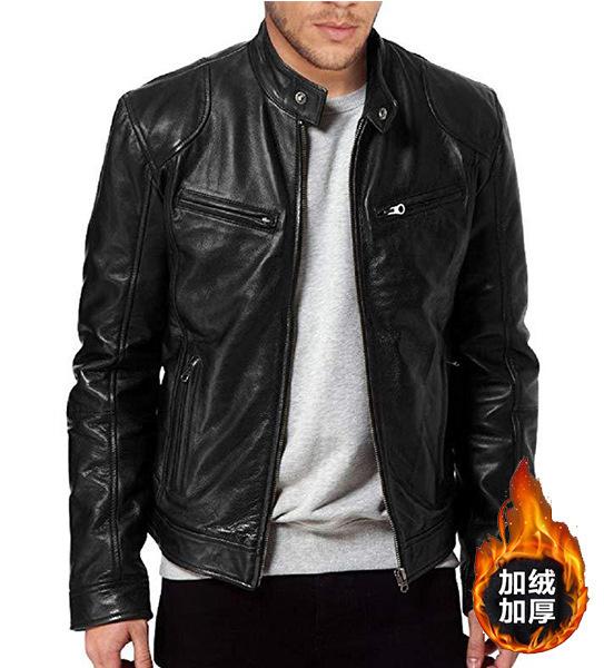 Winter business gentleman thermal zipper cardigan pocket decorative plush thick pu leather jacket stand-up collar slim leather jacket