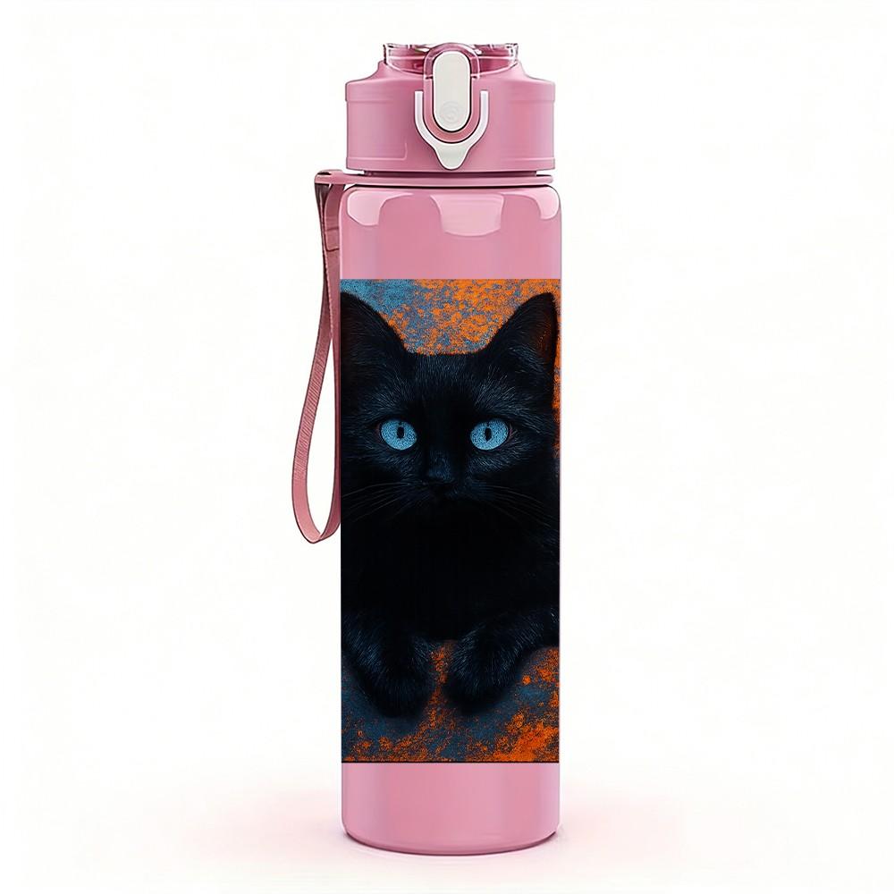 1PC Solid Black Cat Face Portrait Print 750ml Color Plastic Sports Water Bottle Leakproof Flip Straw Lid Suitable for Sports Office Home Use