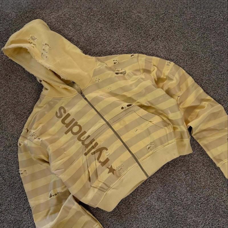 Y2K Striped Distressed Cropped Hooded Zip-Up Sweatshirt American Vintage Letter Print Unisex