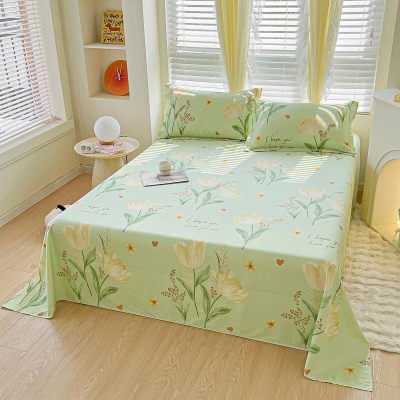 100% Cotton Country Floral Flat Sheet 3 Pieces Tulip Bed Sheet Set Soft Botanical Flower Blossoms Bed Cover with 2 Pillow Cases
