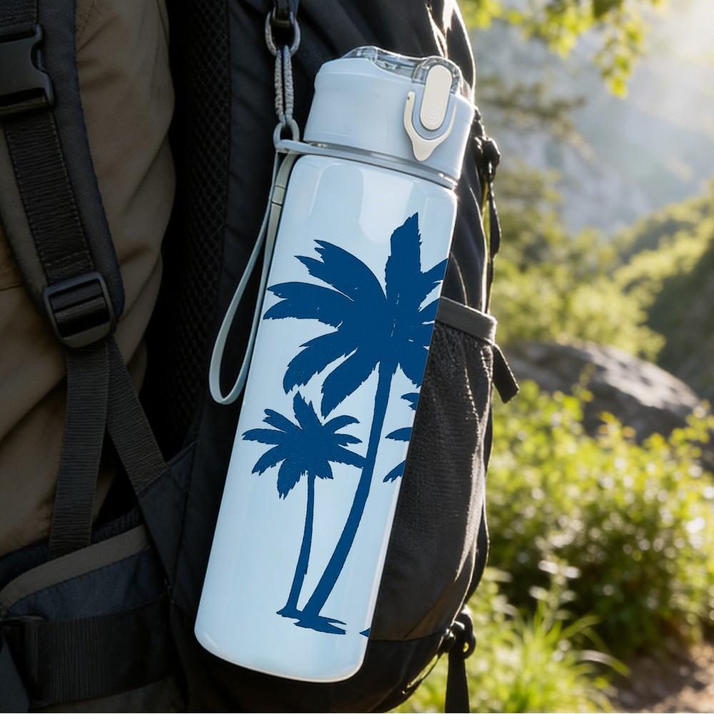 1PC Twin Palm Tree Minimal Line Art 750ml Color Plastic Sports Water Bottle Leakproof Flip Straw Lid Suitable for Sports Office Home Use