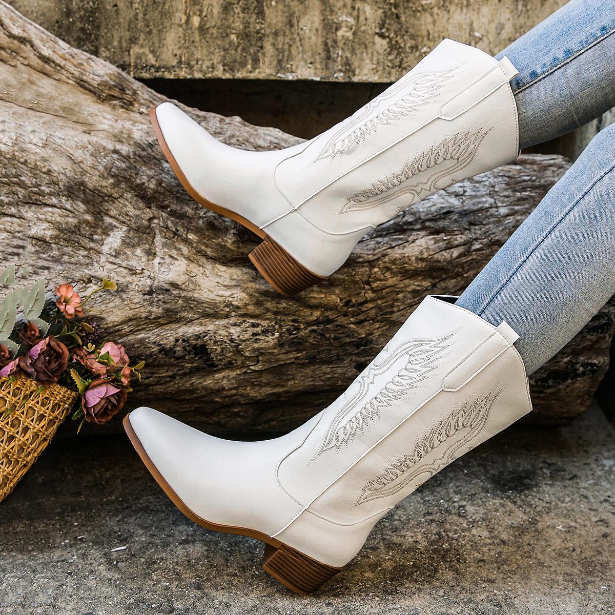 

2024 Autumn and Winter Fashion New Western Women s Boots Thick Heel Retro Style Country Women s Embroidered High Heel Boots 42 белый