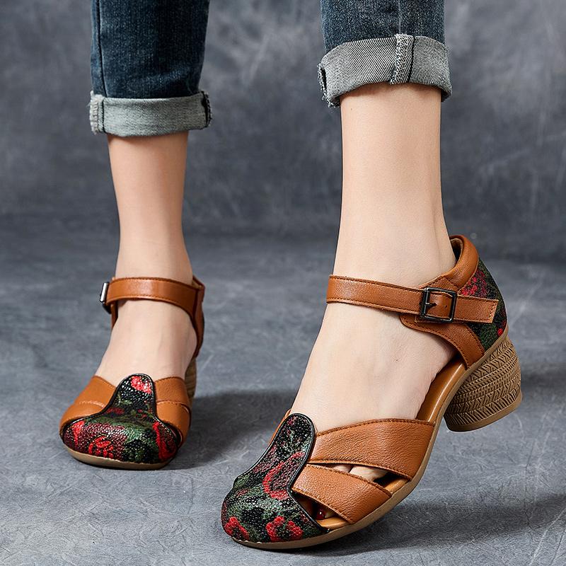 Fashion GKTINOO 2025 Ethnic Style Comfortable High Heels Women Summer Sandals Printed Genuine Leather Mom Women's Shoes Non-slip