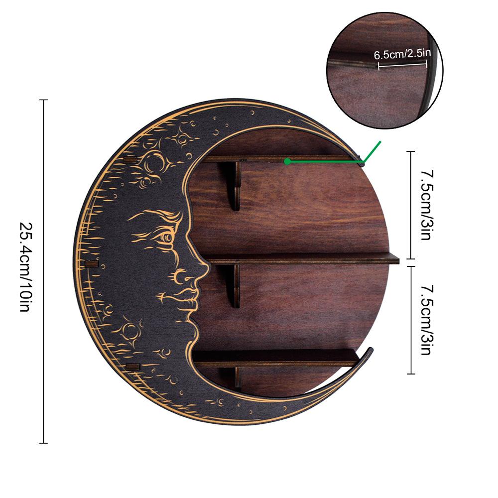 Boho Wall Mounted Black Moon Round Wooden Stand Rack Crystal Storage Display Floating Shelf Home Decoration