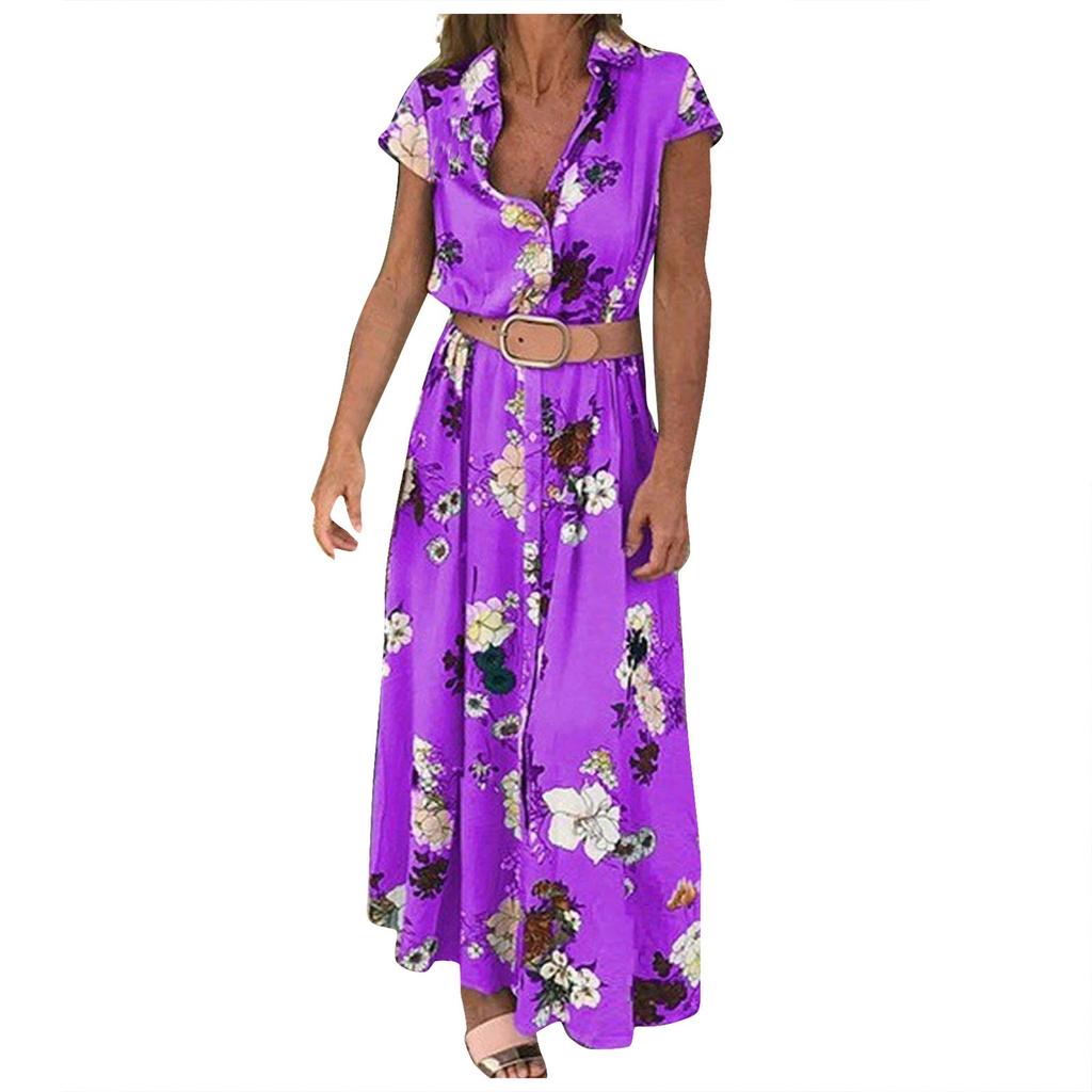 Women's Bohemian Retro Ethnic Printed Resort  V-neck Tie Button Long Dress
