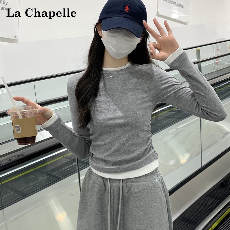 La Chapelle Women s Faux Two-Piece Pleated Long Sleeve T-shirt L