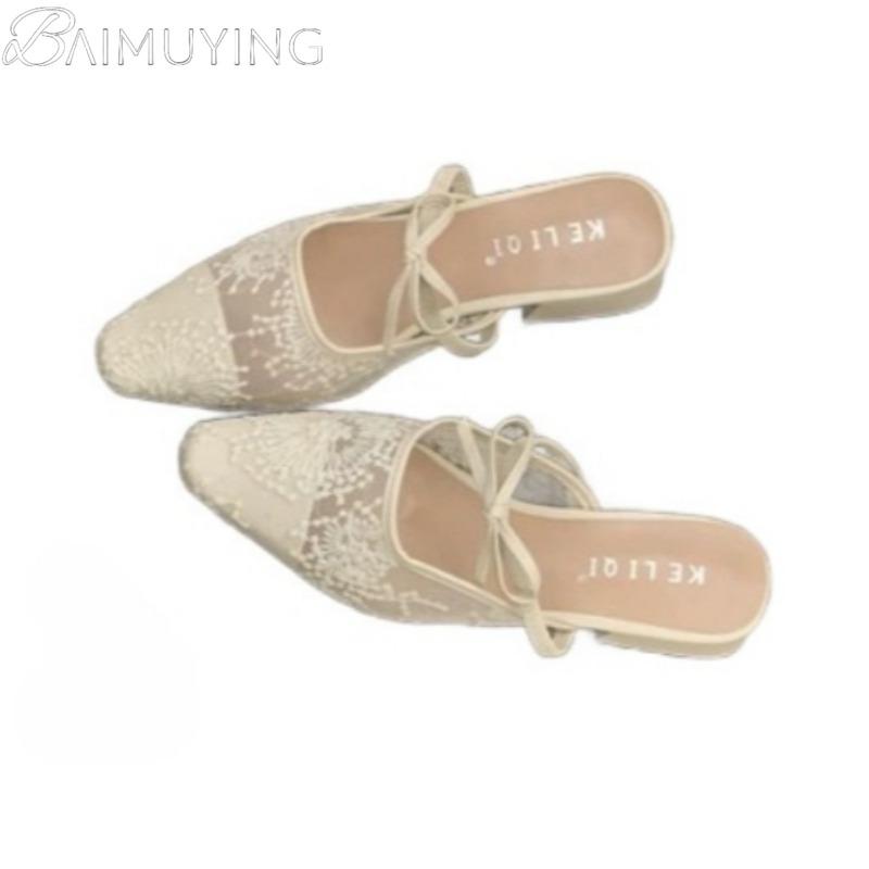 Fashion Bow Women Slippers Heeled Sandals Pointed Toe Mesh Mules Shoes Woman 2025 Trend Summer Elegant Dress Loafers Shallow Sandalias